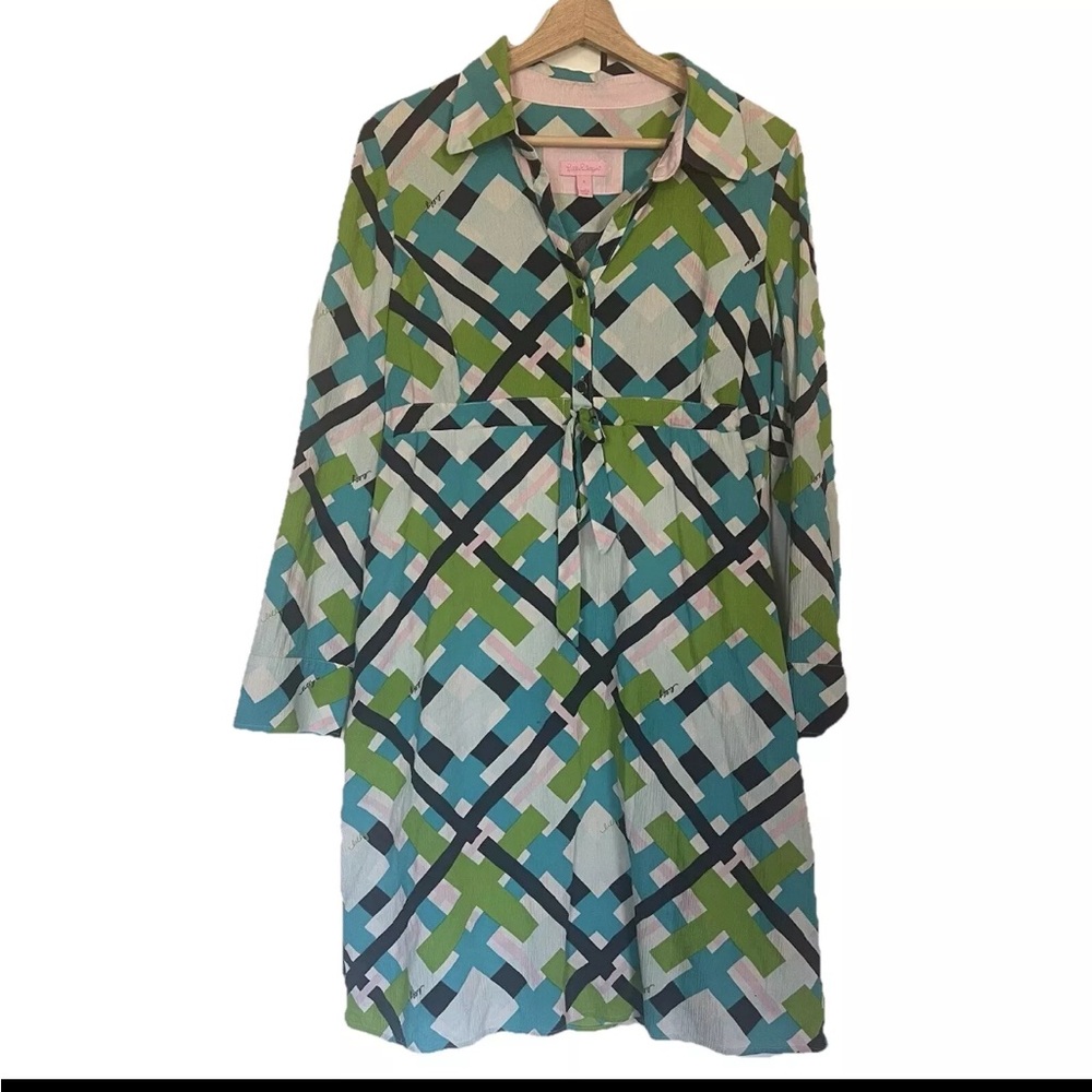 Lilly Pulitzer Geometric Empire Waist Drawstring Dress Size 8 Blue Green